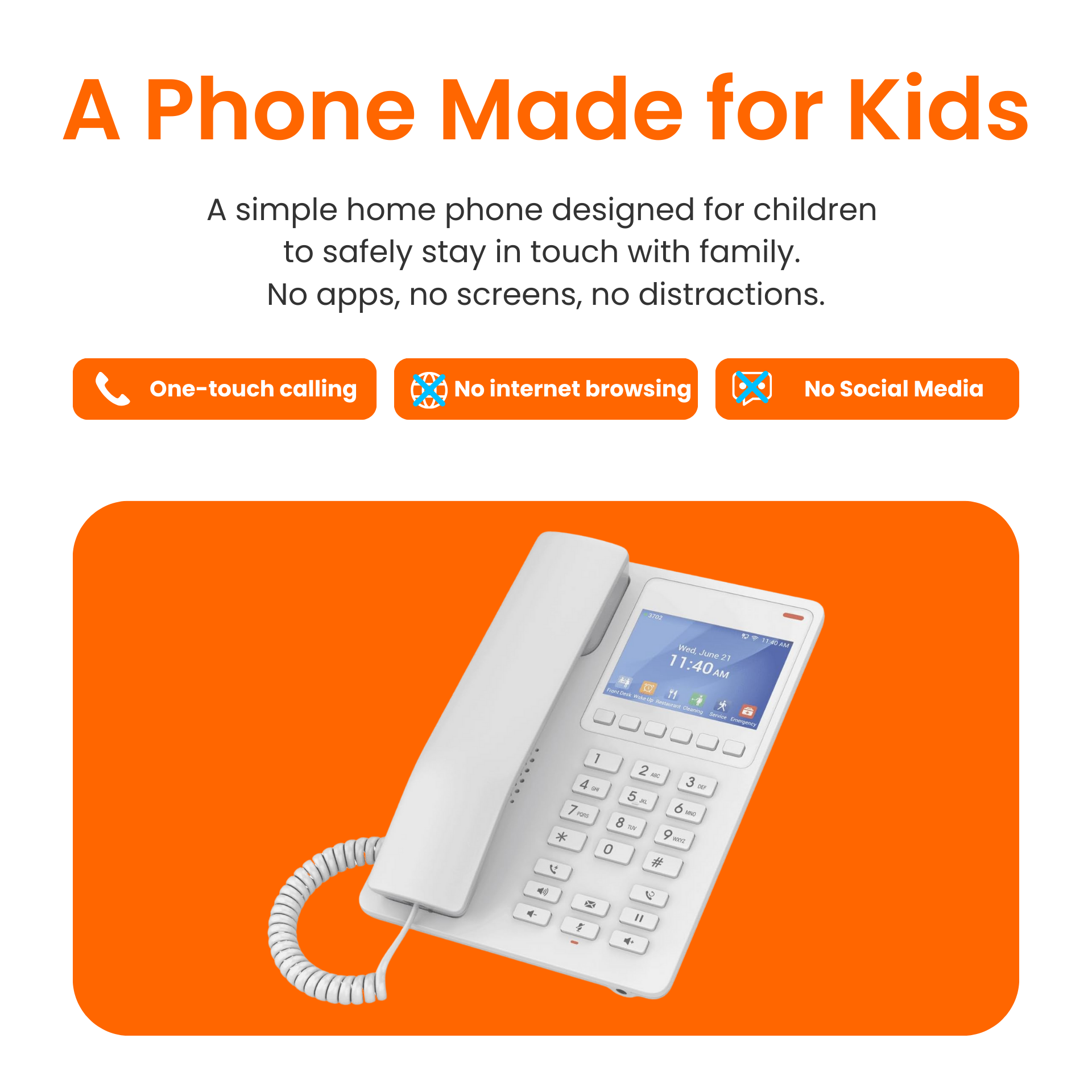 Voxio Phone for kids showing a simple home phone designed for safe family calling with no apps, no internet browsing, and no social media